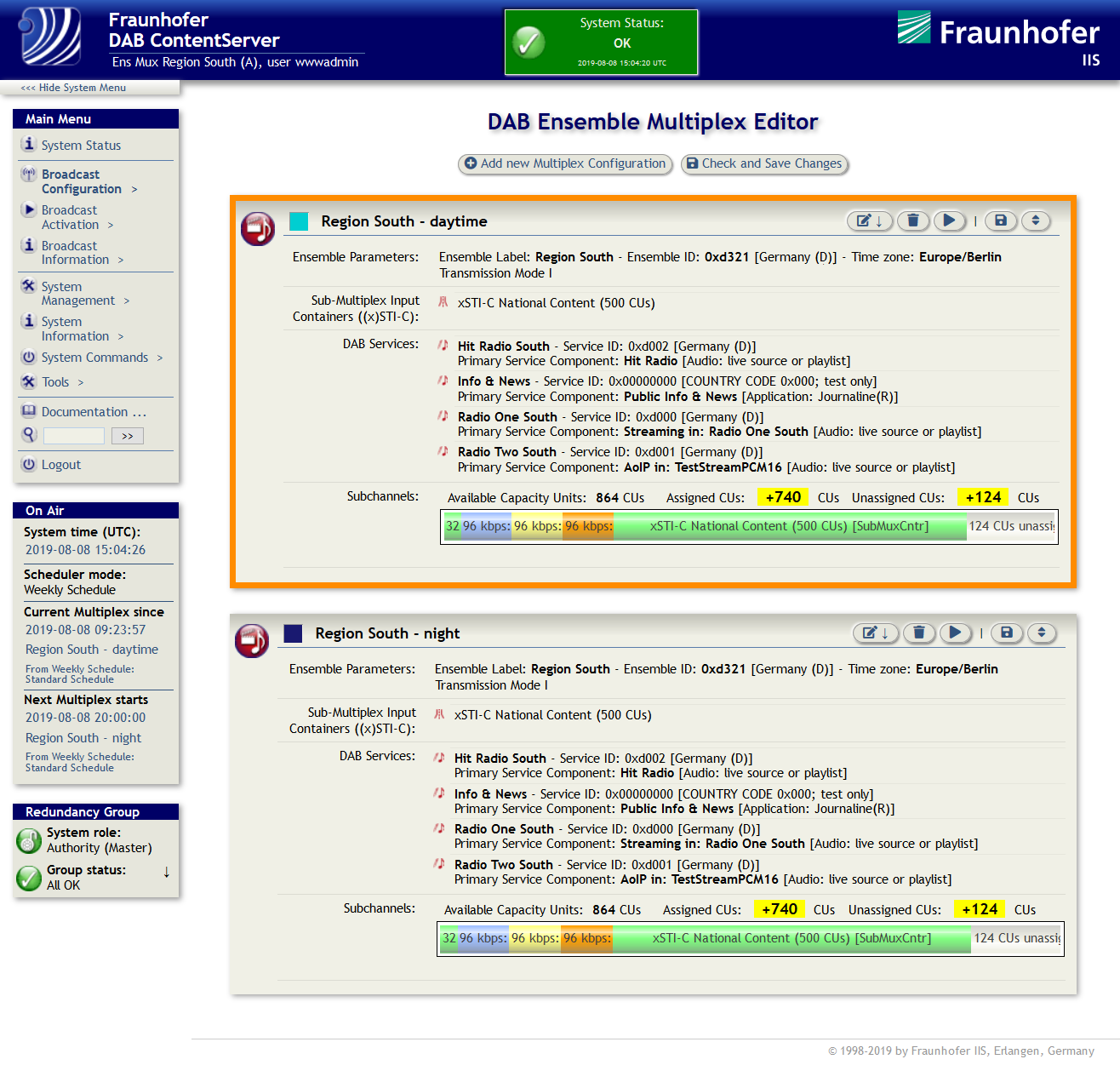 Fraunhofer DAB ContentServer 앙상블 멀티플렉스 편집기
